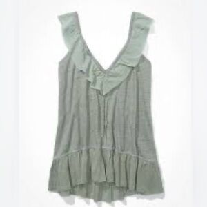 American Eagle Sage Green Ruffle Tank Top Raw Hem Boho Babydoll Cami Small